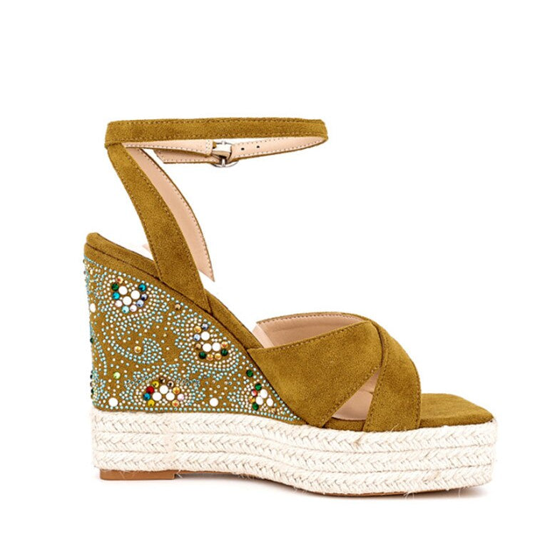 Summer New Suede Thick Bottom Wedge Sandals Round Head Diamond Inlaid Super High Heel Buckle Platform Fashion Sandals N111 brown