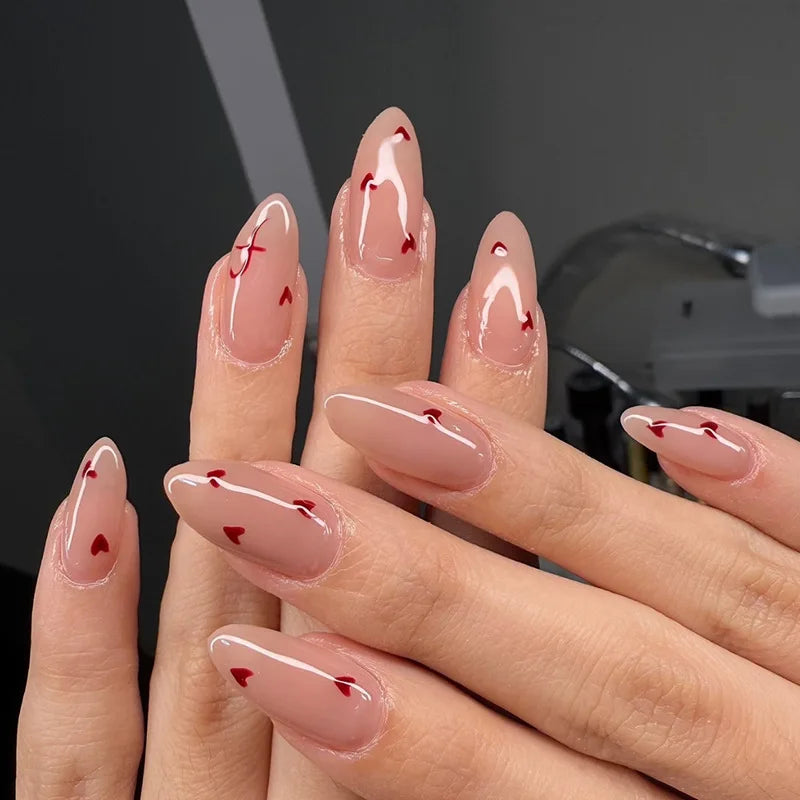 24Pcs Fashion Almond Head Full Cover Nail Tips Nude Pink Oval Press on Fake Nails Short False Nails with Red Love Pattern Design W1839