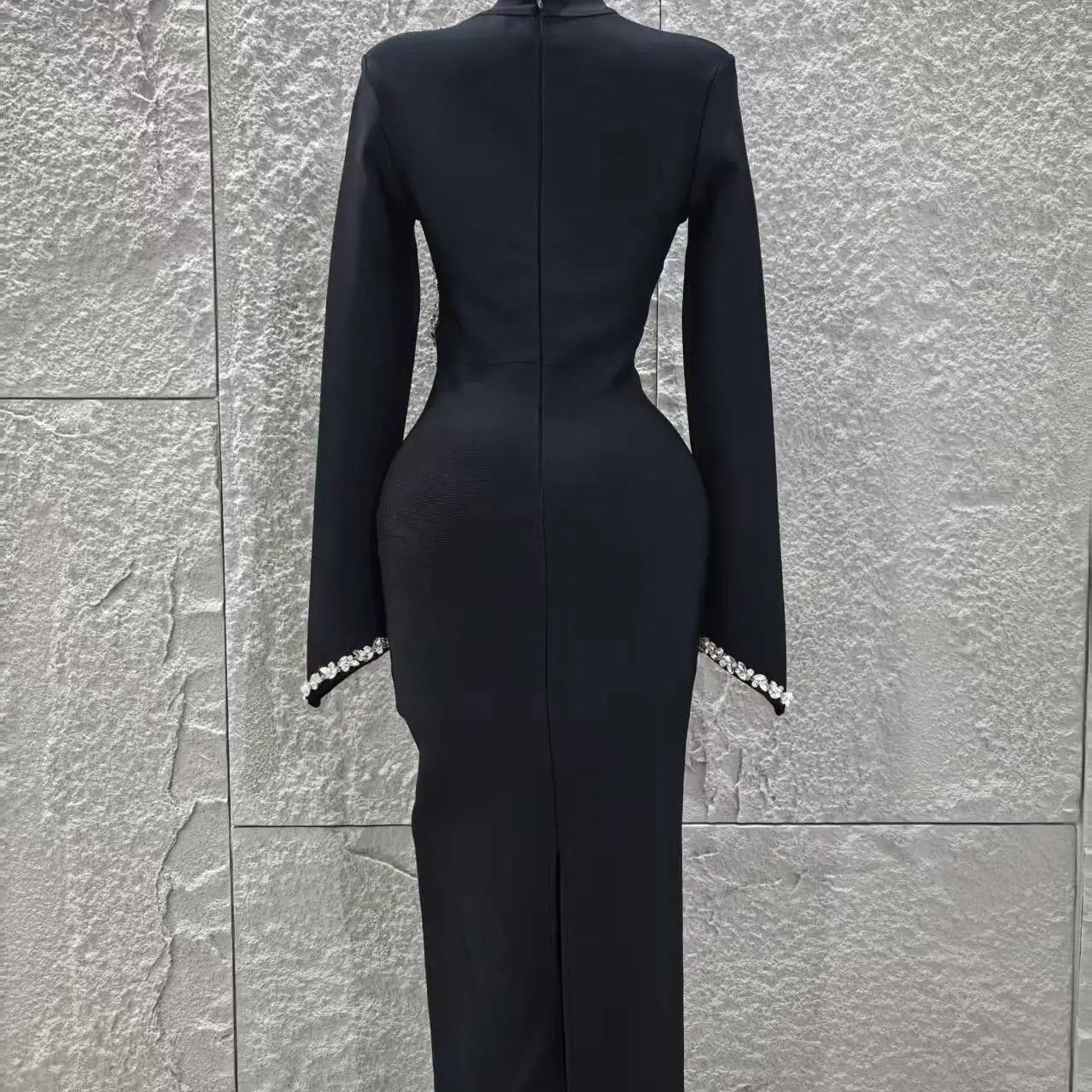 Black Red Women Long Sleeve Shinning Crystal Bodycon Long Bandage Dress Elegant Evening Party Cocktail Outfit Vestido