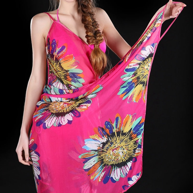 Printed Cover-ups Sexy Beach Dress Halter Sling Chiffon Beach Towel Bikini Wrap Pareo Skirts Open-Back Swimwear Pink One Size