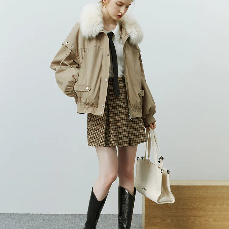 FSLE Fox Fur Collar Short Fur Coat Women's 2022 Winter New Style Overcomes Removable Rabbit Fur Liner Black Khaki Women Coats Khaki