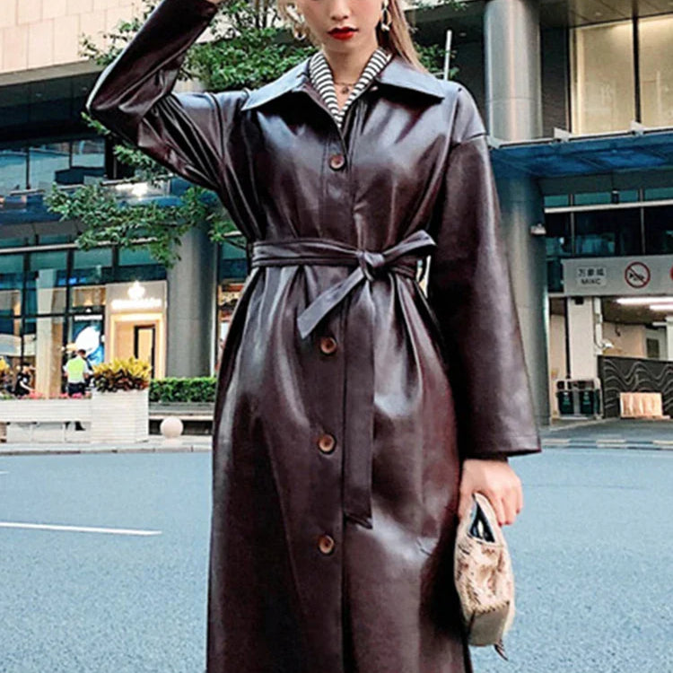 Autumn Long Black Cool PU Leather Trench Coat for Women Belt Single Breasted Loose Korean Fashion Wholesale Clothes 2022 Brown