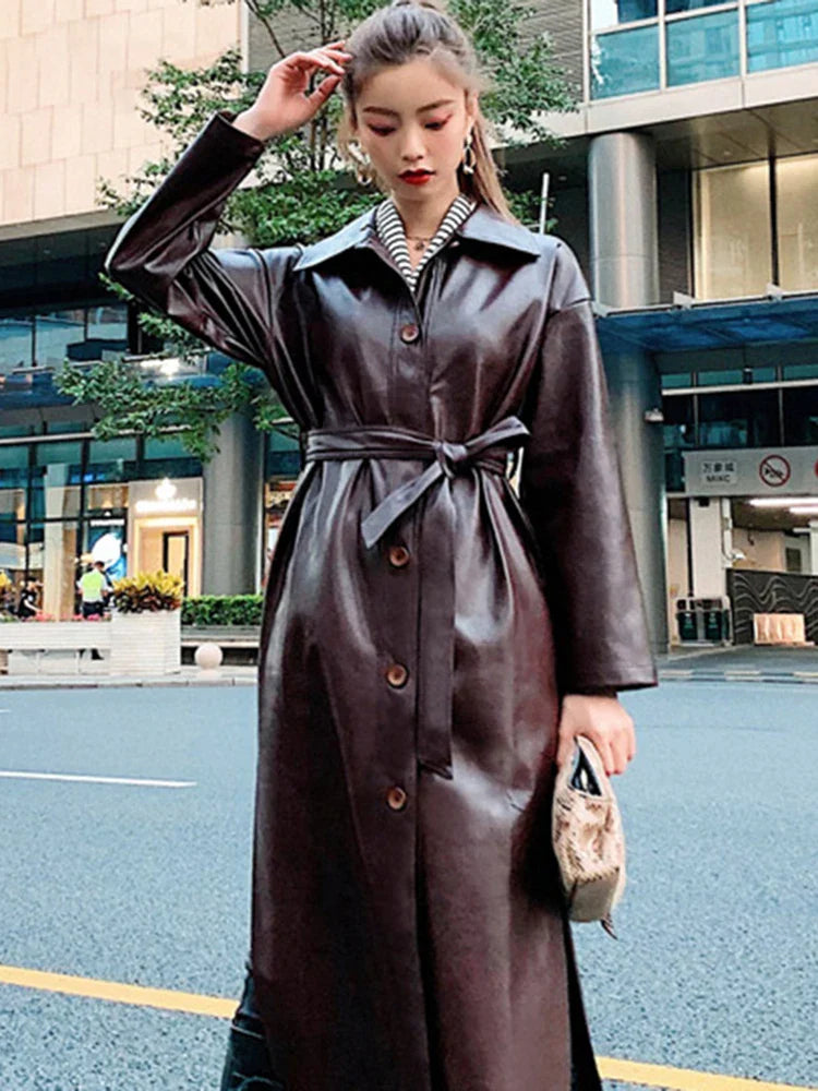 Autumn Long Black Cool PU Leather Trench Coat for Women Belt Single Breasted Loose Korean Fashion Wholesale Clothes 2022 Brown