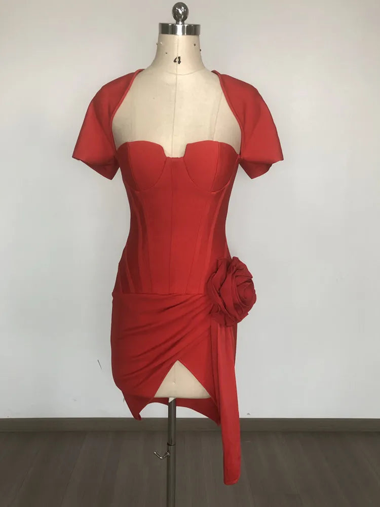 Women Celebrity Sexy Short Sleeve Red Flower Mini Flower Bodycon Bandage Dress 2025 Elegant Evening Club Party Outfit