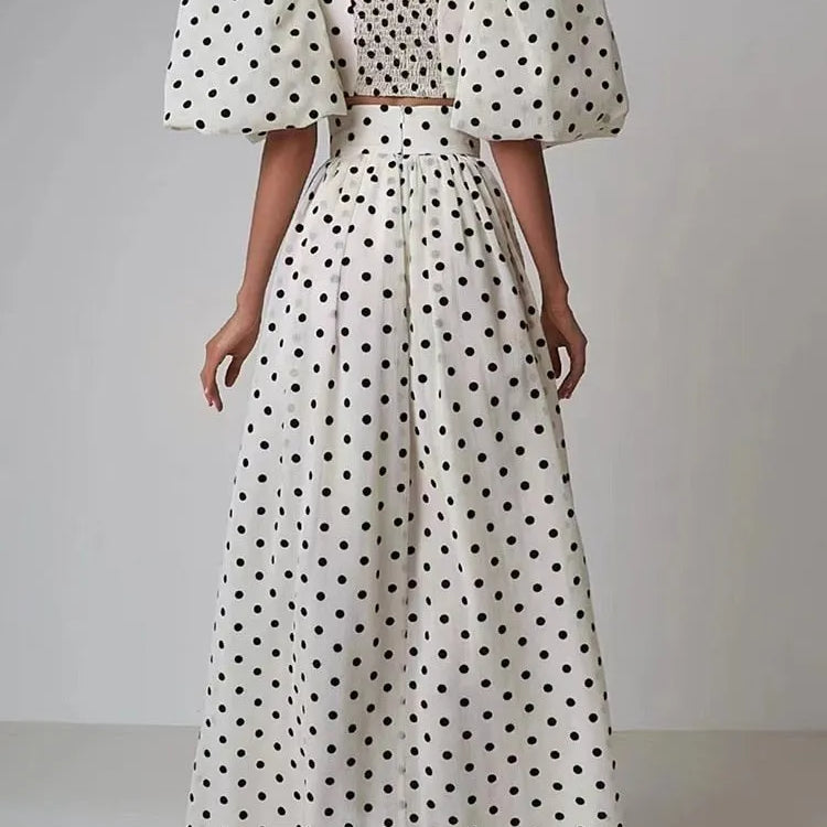 elegant Polka dot two piece sets square collar puff sleeve tops high waist split skirt chic set female fashion 2023