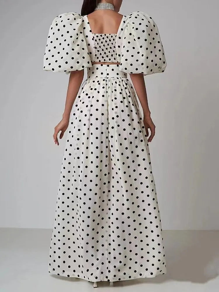 elegant Polka dot two piece sets square collar puff sleeve tops high waist split skirt chic set female fashion 2023