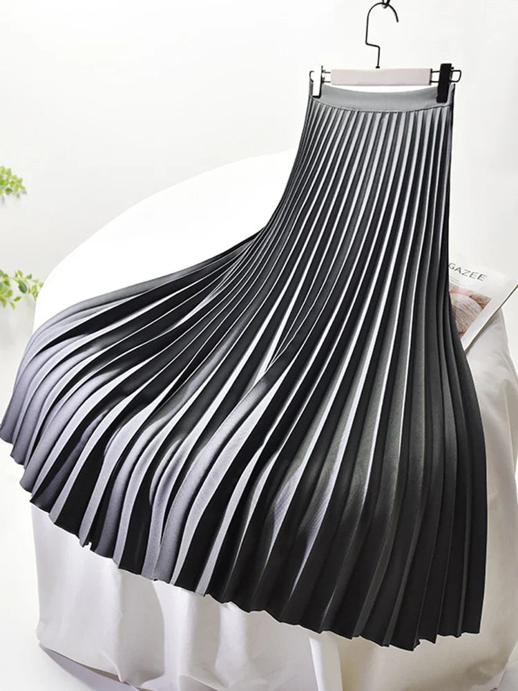 Brand Designer Women Spring Autumn Elegant Chic Solid Pleated Skirt High Waist Luxury Fashion With Elastic Female C-035 Dark Grey