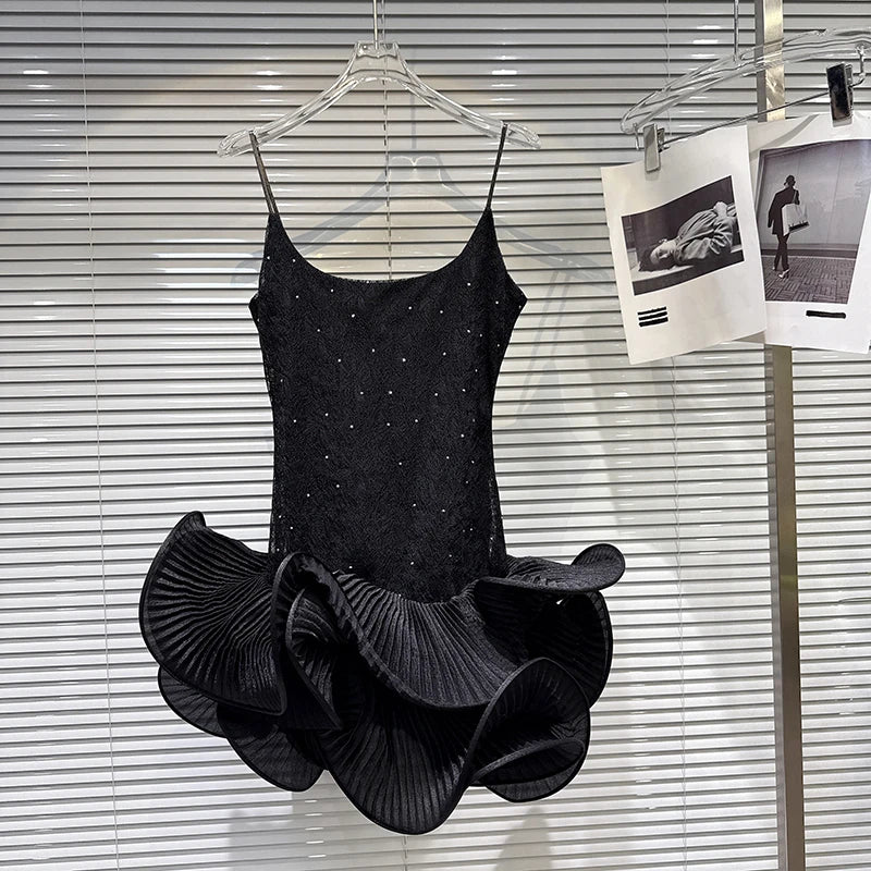 Winter New Fashion Elegant Sweet Rhinestone Ruffle Puff Hem Camisole Dress For Women Evening Party Dresses 11A07663 Black