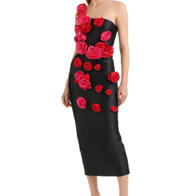 Red Flowers Strapless Black Bandage Ankle Length Dress Elegant Woman Evening Party Dress Cocktail Party Vestido