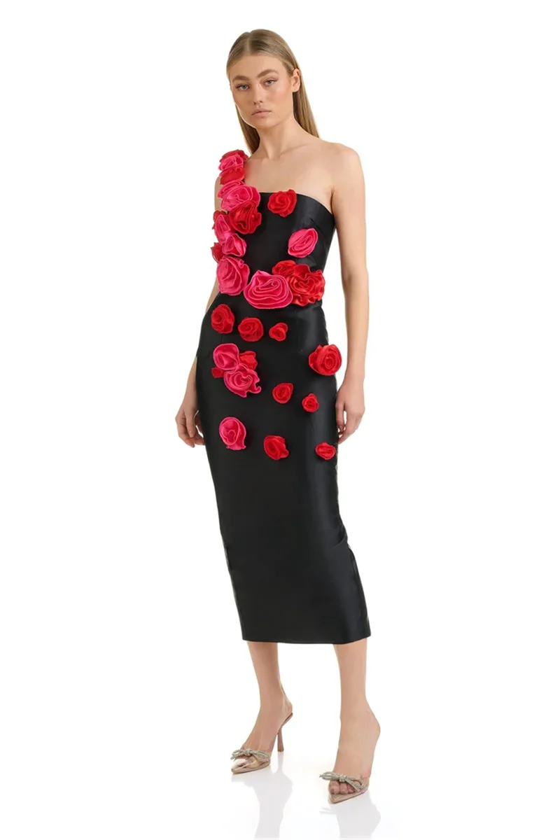 Red Flowers Strapless Black Bandage Ankle Length Dress Elegant Woman Evening Party Dress Cocktail Party Vestido