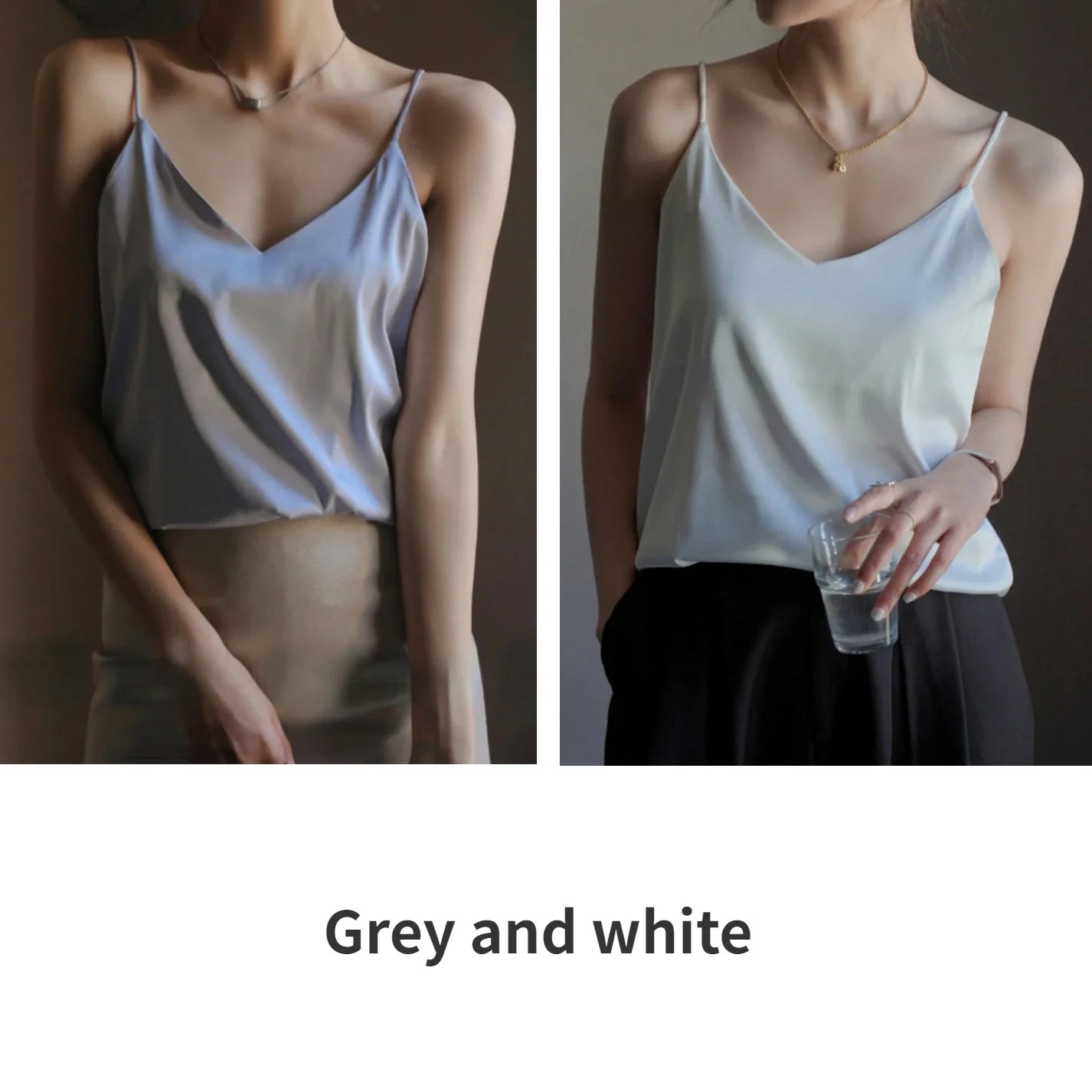 Grey Camisoles for Women Acetate SATIN Loose Summer Spaghetti Strap Tank Top Solid V-neck Fashion Sexy Backless Tanks & Camis Grey and white