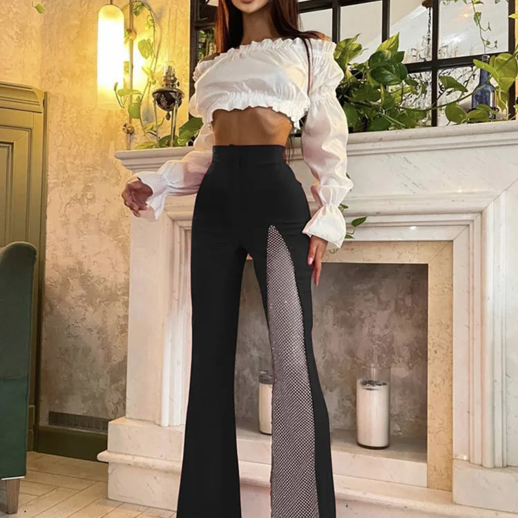 Women Summer Fashion Sexy Black Red White Crystal Dianonds Flare Bandage Pants 2022 Designer Knitted Bodycon Trouser Pants black
