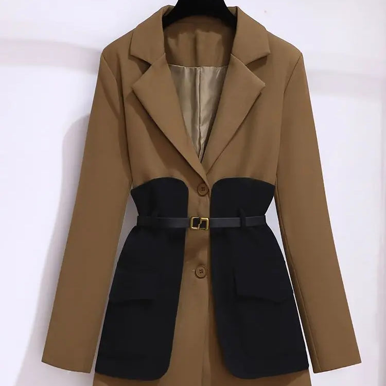 2023 Spring Belt Decorative Patchwork Jacket Blazer Casual Expansion Crying Two-piece Elegant Women Pants Suit Office Outfits coffee jacket