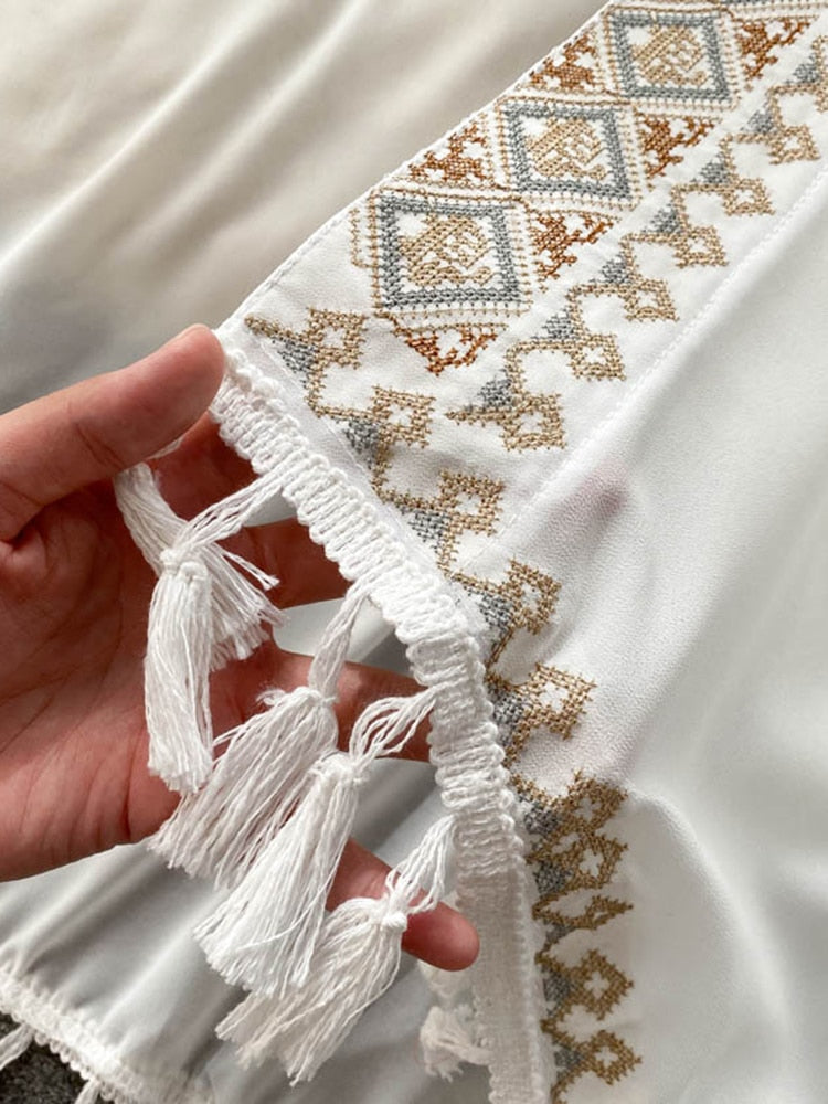 Summer Pareo Beach Kimono Bohemian Cover Up Long Fashion Embroidery Poncho Cardigan Tassel Chiffon Shirt