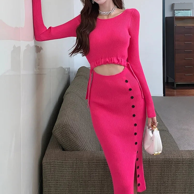Knitted Sweater Dress Women Sexy High Slit Hollow Out Button Up Lace Up Long Sleeve Pink Black Midi Dresses Vestidos Clothes Red One Size
