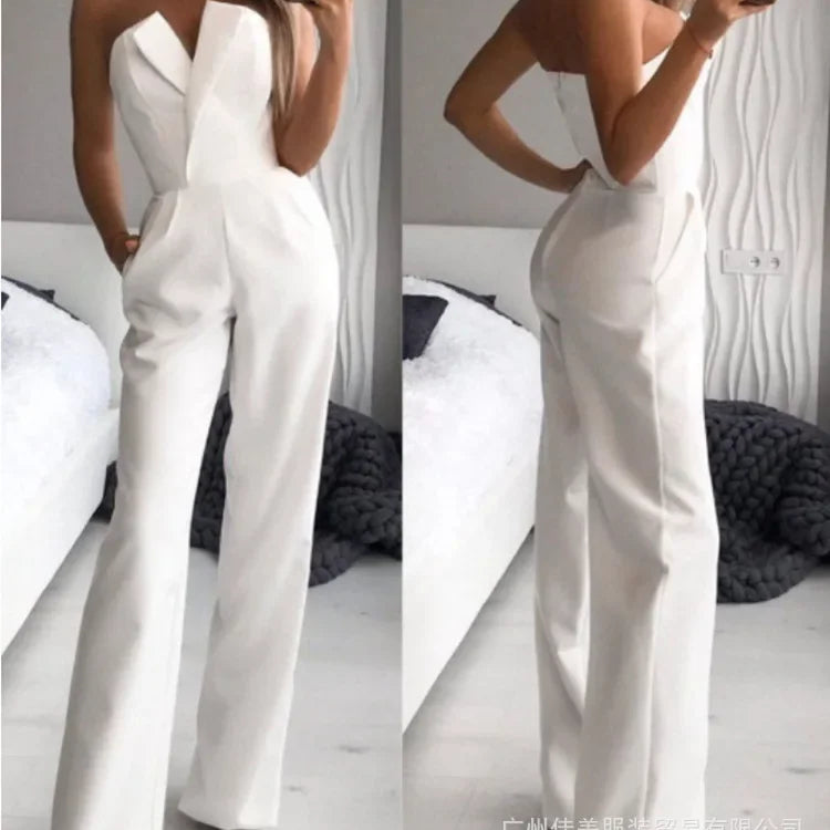 Women's Elegant Jumpsuits Solid Off Shoulder Sexy Club Jumpsuit Female Sleeveless High Waist Slim Wide Leg Jumpsuit Pants White
