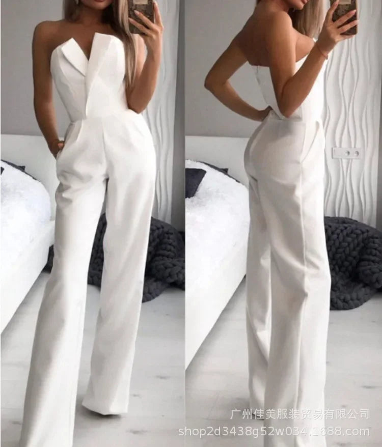 Women's Elegant Jumpsuits Solid Off Shoulder Sexy Club Jumpsuit Female Sleeveless High Waist Slim Wide Leg Jumpsuit Pants White