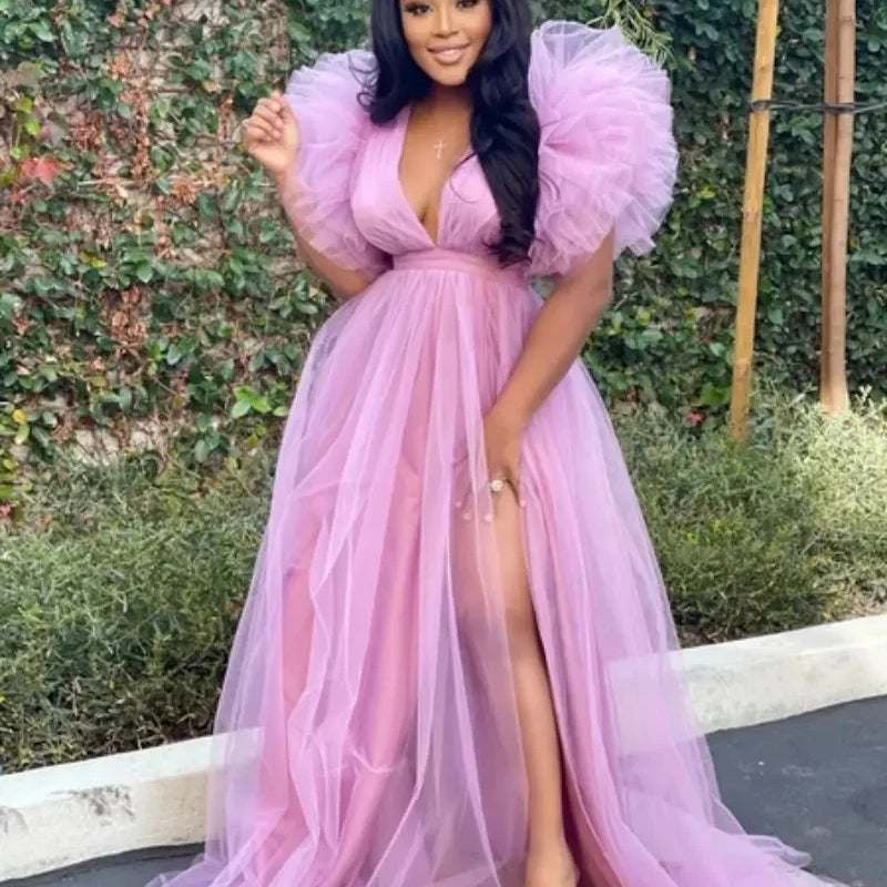 Women Cascading Ruffles Shoulder High Side Split Mesh Patchwork Maxi Long Dress 2023 sexy even Party Vestidos Dresses