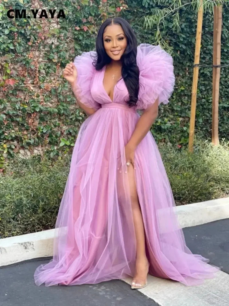 Women Cascading Ruffles Shoulder High Side Split Mesh Patchwork Maxi Long Dress 2023 sexy even Party Vestidos Dresses