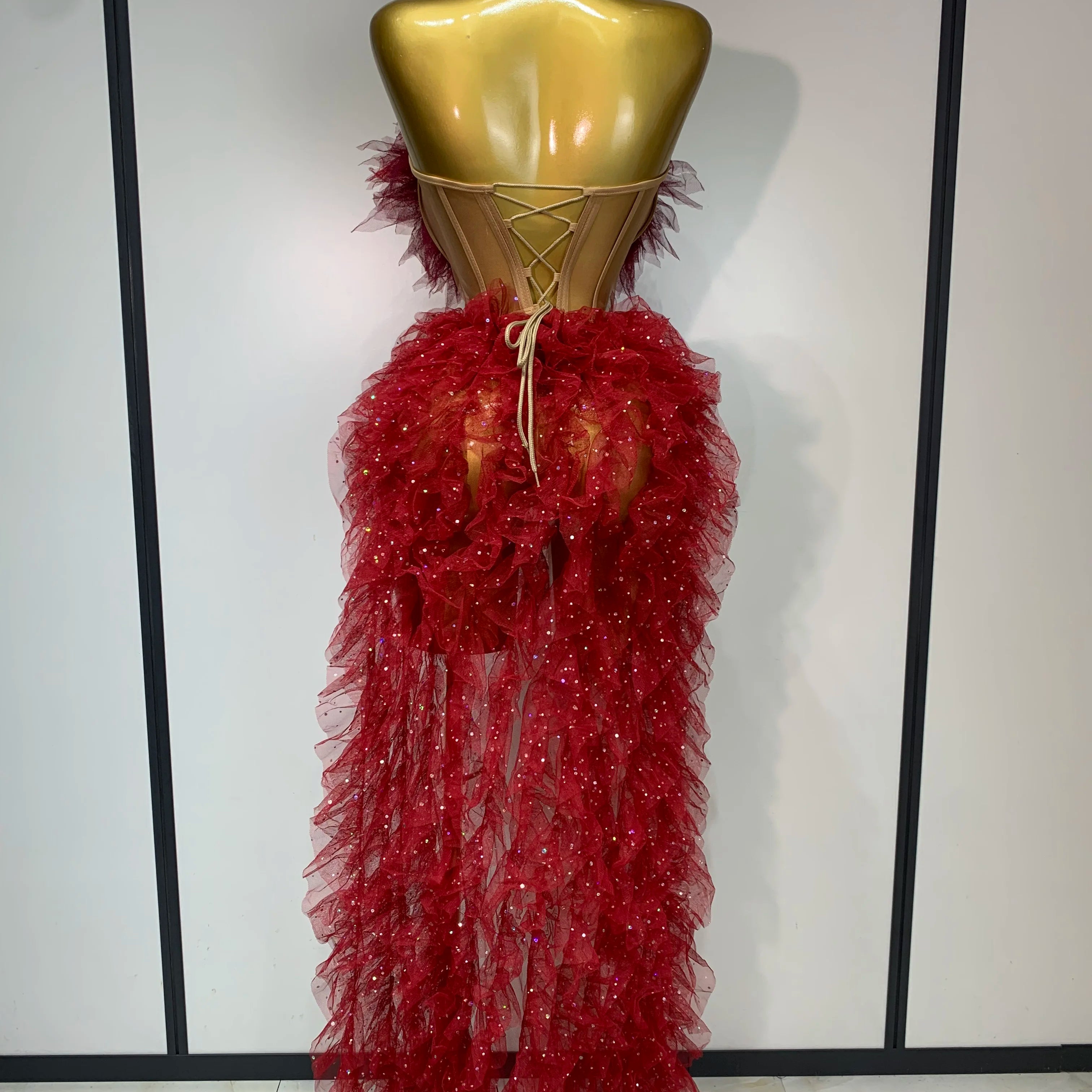 Women Sexy Strapless Mesh two Pieces Set Bodycon Long Dress High Split Nightclub Party Luxury Birthday Singer Stage Outfit