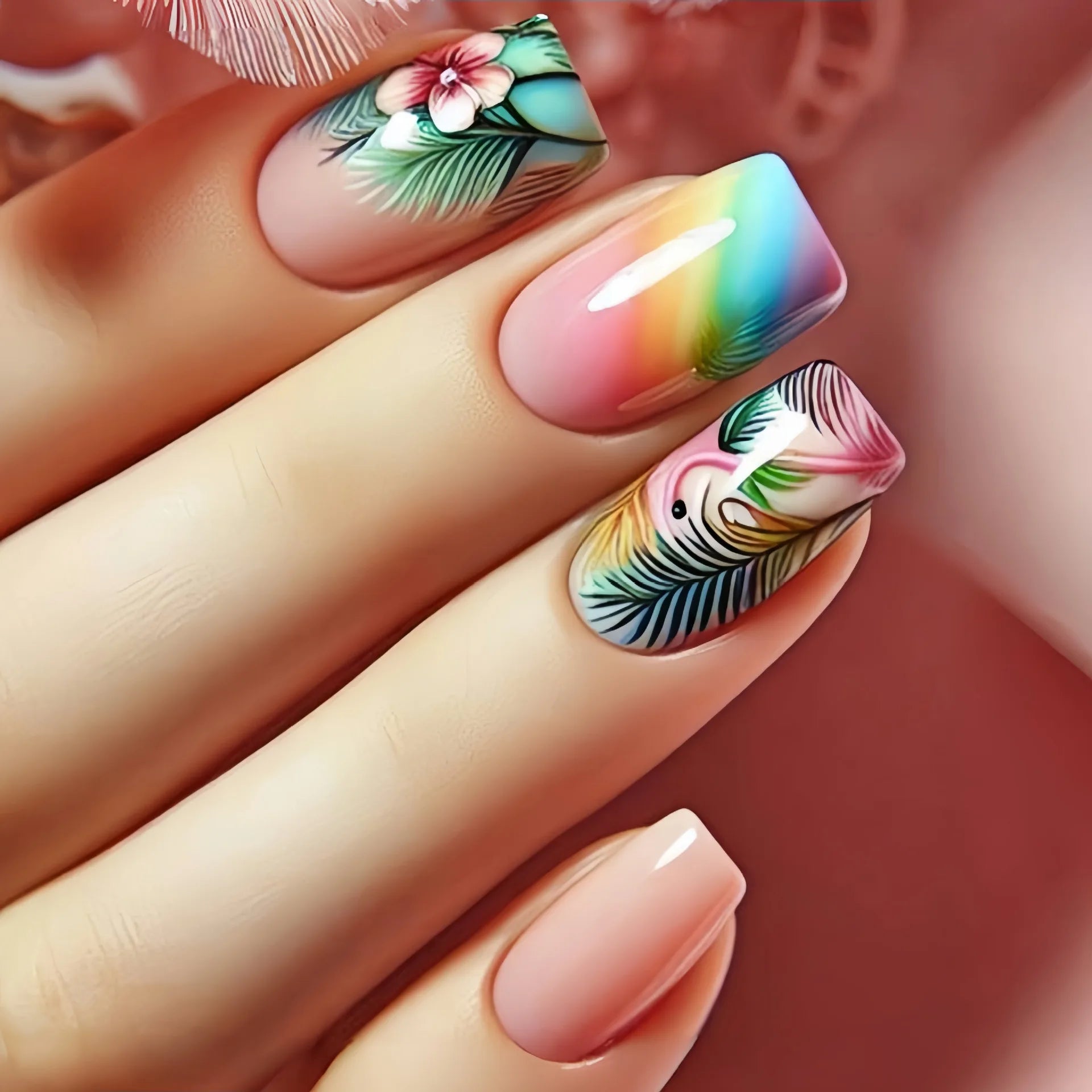 24pcs/set Medium long fake nails Gradient blue ocean fish sun flowers butterfly square ballet summer tips press on false nail 2359