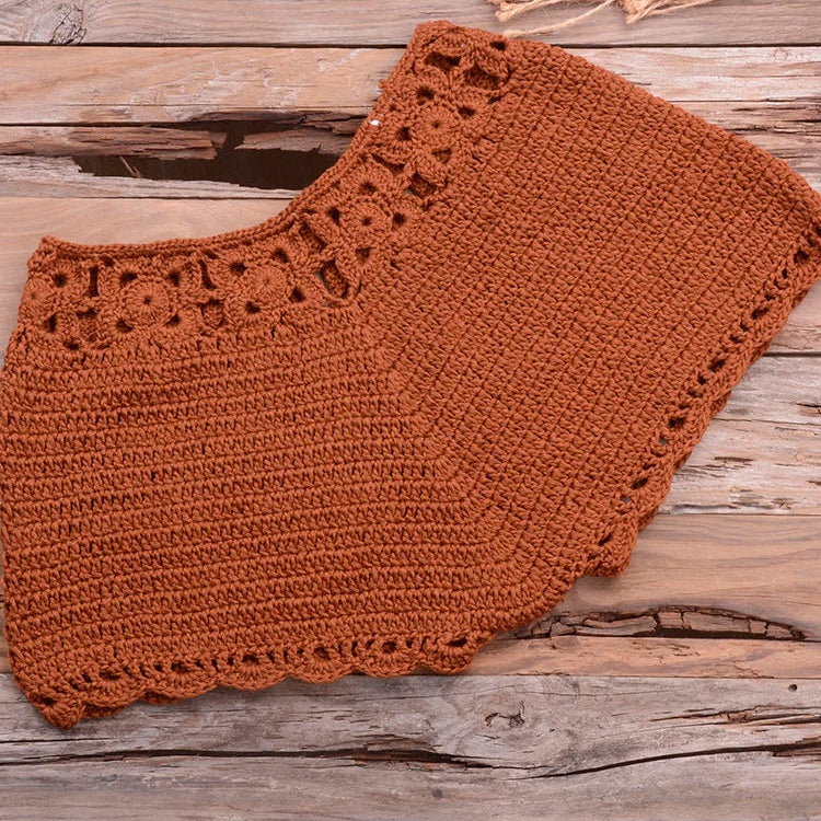 Bikini 2022 knitting Swimsuit Crochet Bikini Bohemia Style Off Shoulder High Neck Bathing Beach Bikinis Handmade Crochet Bikini Brown Bottom