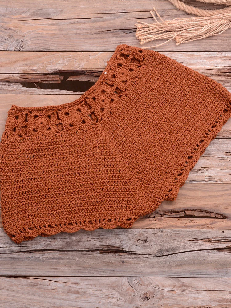Bikini 2022 knitting Swimsuit Crochet Bikini Bohemia Style Off Shoulder High Neck Bathing Beach Bikinis Handmade Crochet Bikini Brown Bottom