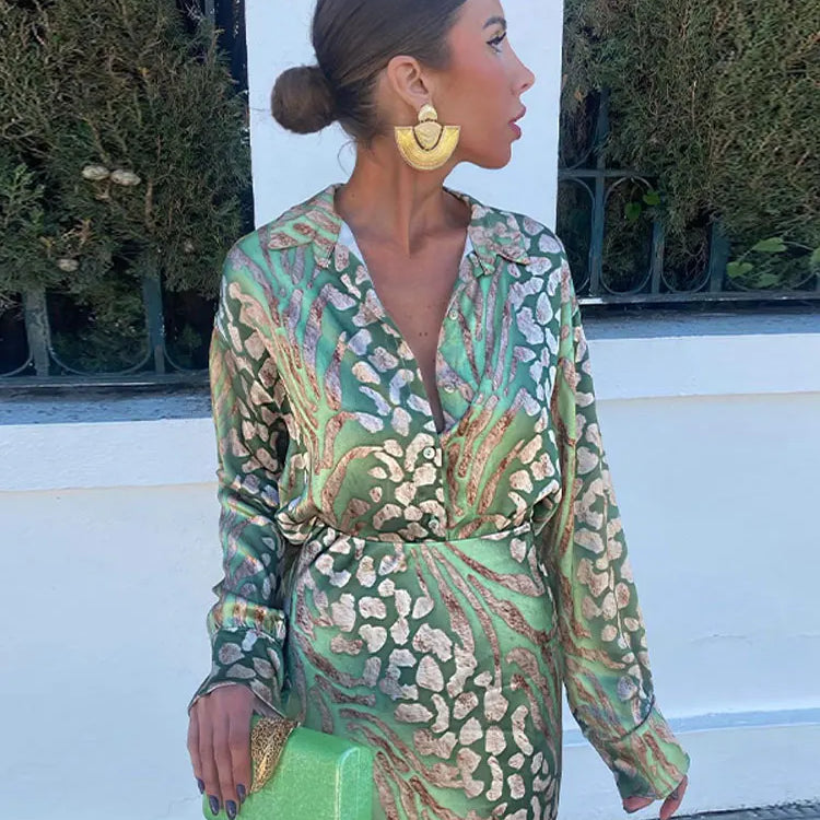 Elegant Printed Shirts Skirts For Women Fashion Lapel Sleeves High Waist 2-piece Suits Summer Lady High Streetwears