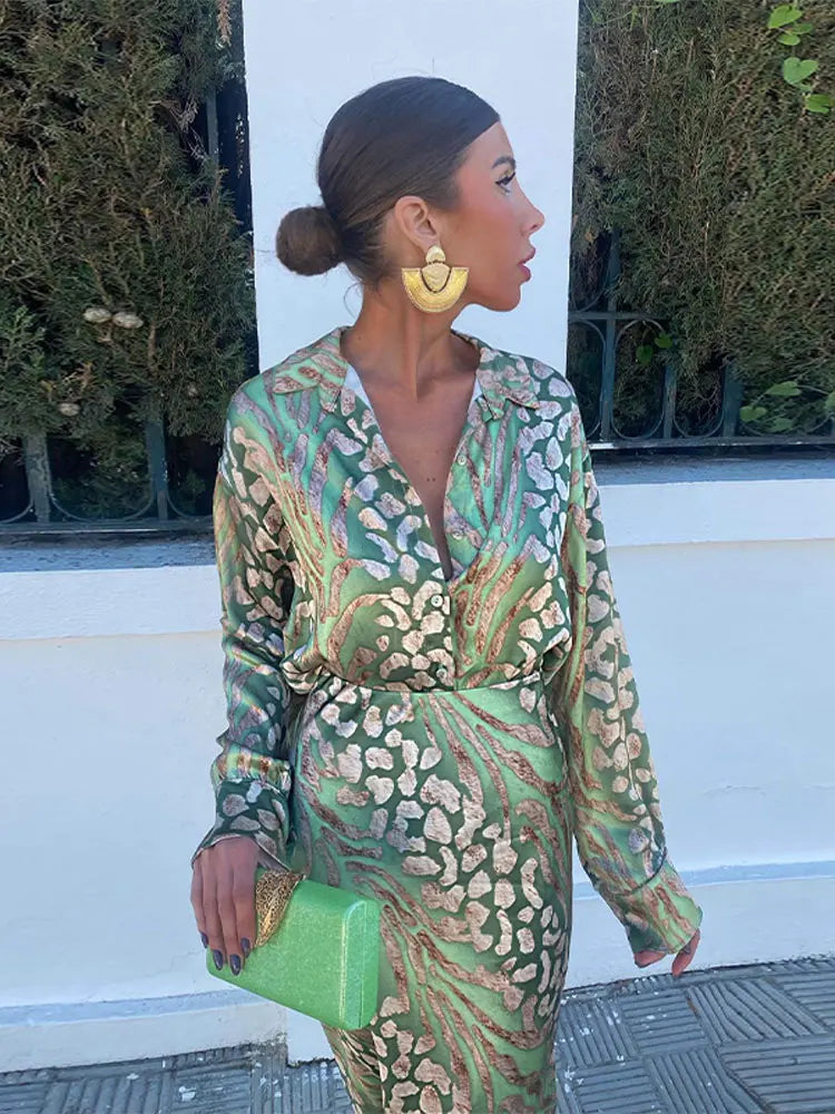 Elegant Printed Shirts Skirts For Women Fashion Lapel Sleeves High Waist 2-piece Suits Summer Lady High Streetwears