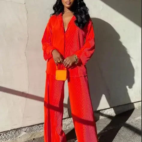 Pleated Solid Women Set Long Sleeve Shirts and Straight Wide Leg Pants Suits Tracksuit Two Piece Set Fitness Outfits Red