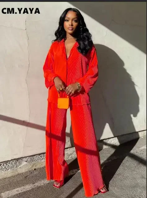 Pleated Solid Women Set Long Sleeve Shirts and Straight Wide Leg Pants Suits Tracksuit Two Piece Set Fitness Outfits Red
