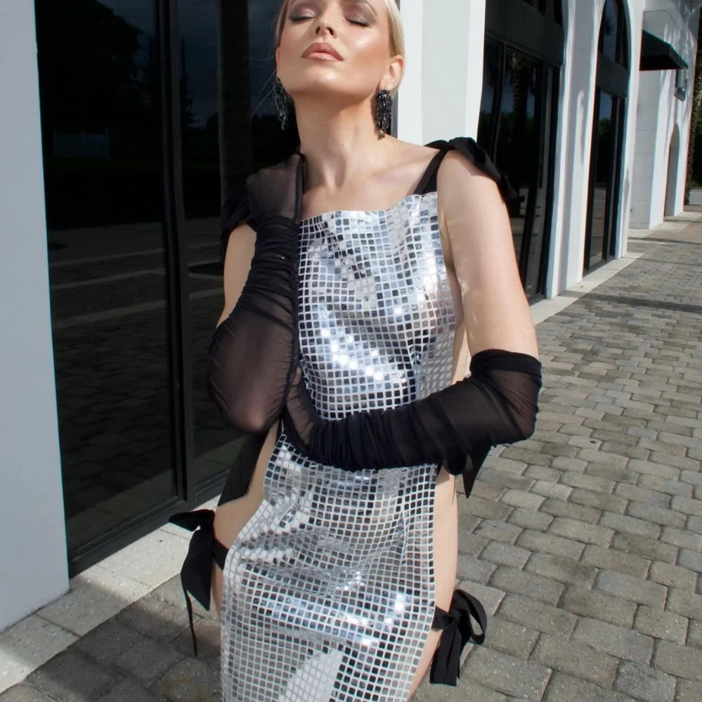 Celebrity Red Carpet Dress Women Sleeveless Sexy Shinning Sequined Bodycon Long Dress Side Bow Celebrate Evening Party Wear