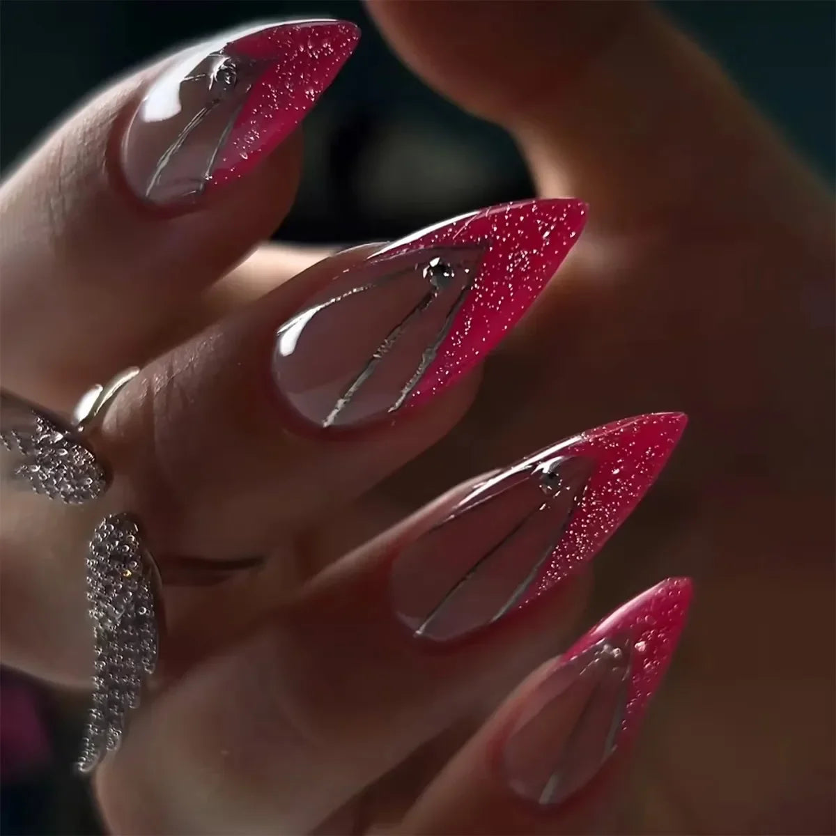 Exaggerate Punk Extra Long Pointed Fake Nails Art Dark Y2K Black Spider Centipede Rhinestone False Nail Press on Nails Manicure MT2609JP3553