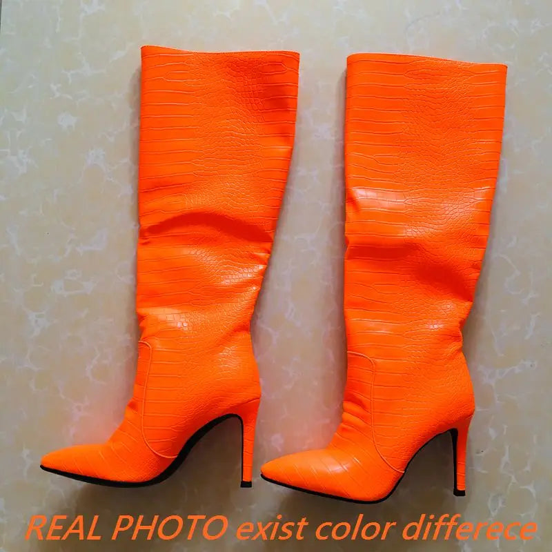 Size 43 Women Sexy Pattern Knee High Boots 2022 Autumn High-heel Pointed Toe Women's Shoes Black Orange