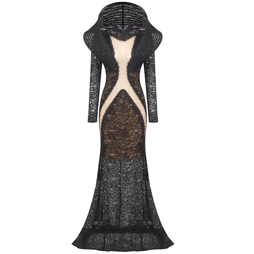 Lace Accent Maxi Dress High Neckline Cut-out Tulle Fabric Long Sleeves Floor Length Cocktail Party Evening Gowns black