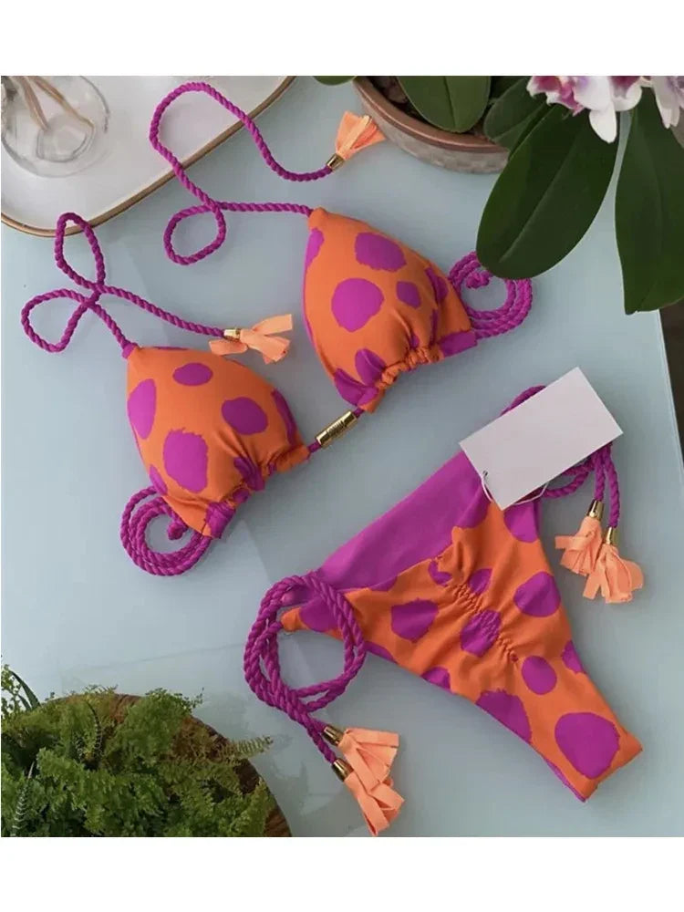 Sexy Swimsuit Women Triangle Bikinis Set Thong Bandage Swimsuits Solid Color Bath Suit Two Piece String Swimear Beach Wear 8249