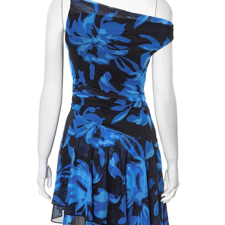 Blue Print Ruffled Sexy Mini Dress For Women Robe Irregular Oblique Shoulder Sleeveless Backless Club Party Dress Beach