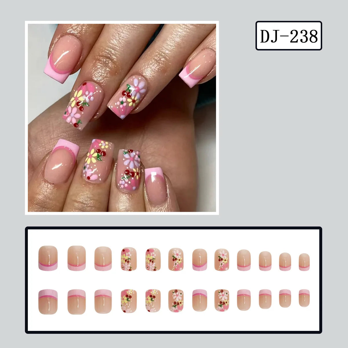 24pcs y2k Black French Press on Nails Short Square Pink Heart Fake Nails Full Cover Wearable Sweet Valentine's Day False Nails 7