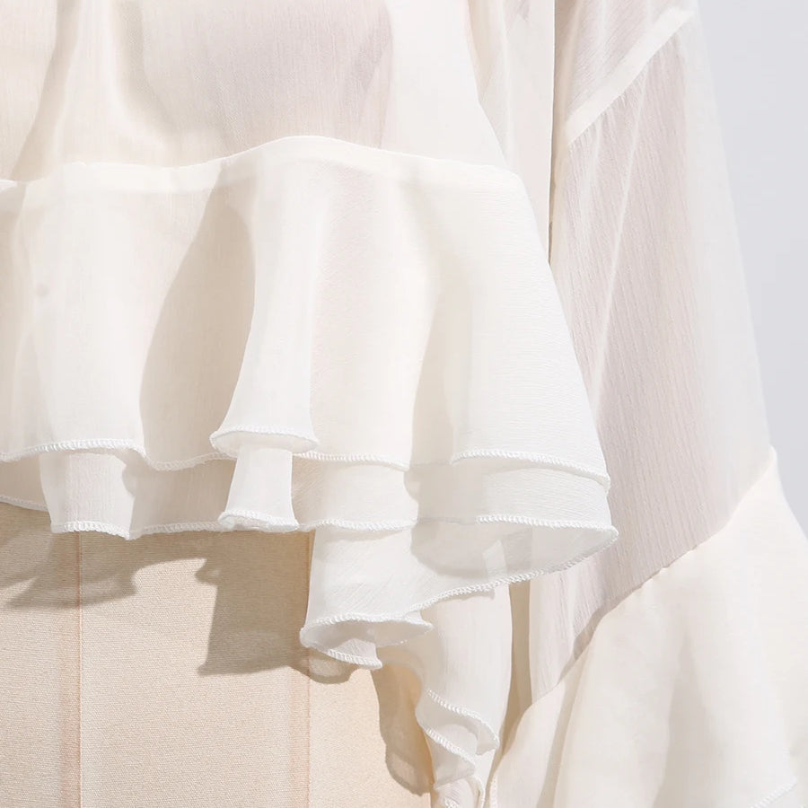Solid Loose Sheer Blouses for Women High Neck Long Sleeves Patchwork Ruffles Folds Elegant Blouse Female Clothing