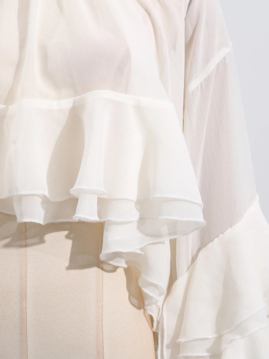 Solid Loose Sheer Blouses for Women High Neck Long Sleeves Patchwork Ruffles Folds Elegant Blouse Female Clothing