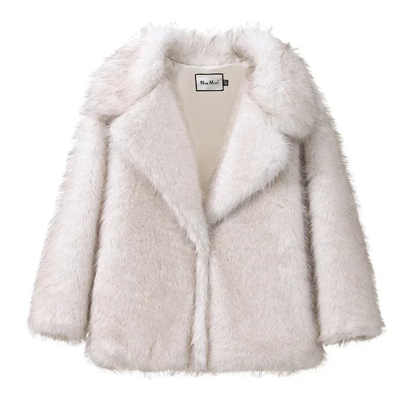 Neo Mint 2024 Winter Faux Fur Coat Women Brand Fashion Fluffy Fox Fur Outerwear Overcoat Girl Street Style Furry Warm Jacket Beige Gradient