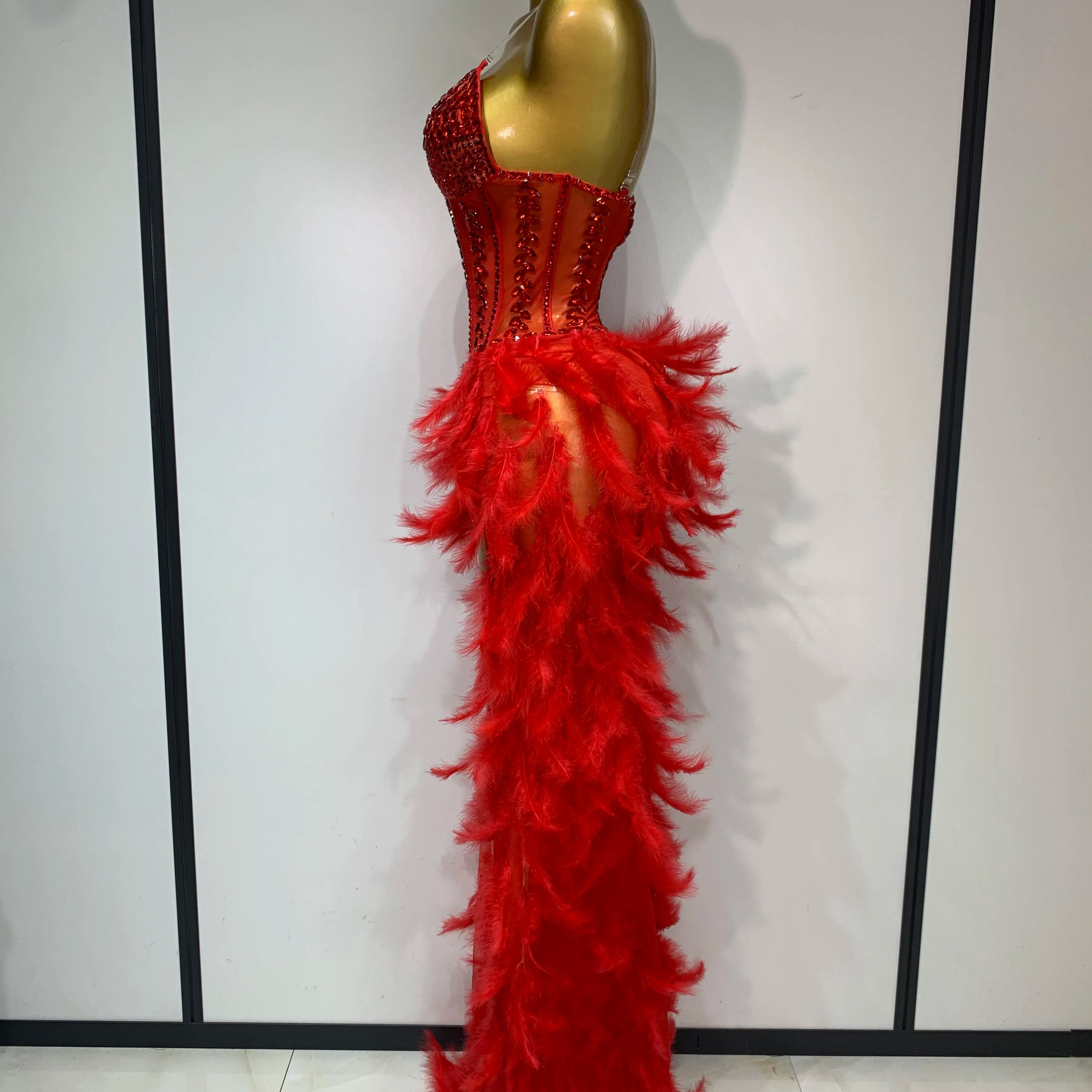 Sparkly Rhinestones Bodysuit Feathers Long Tail Dress Sexy Mesh Transparent Evening Party Celebrate Birthday Dress Stage Outfit