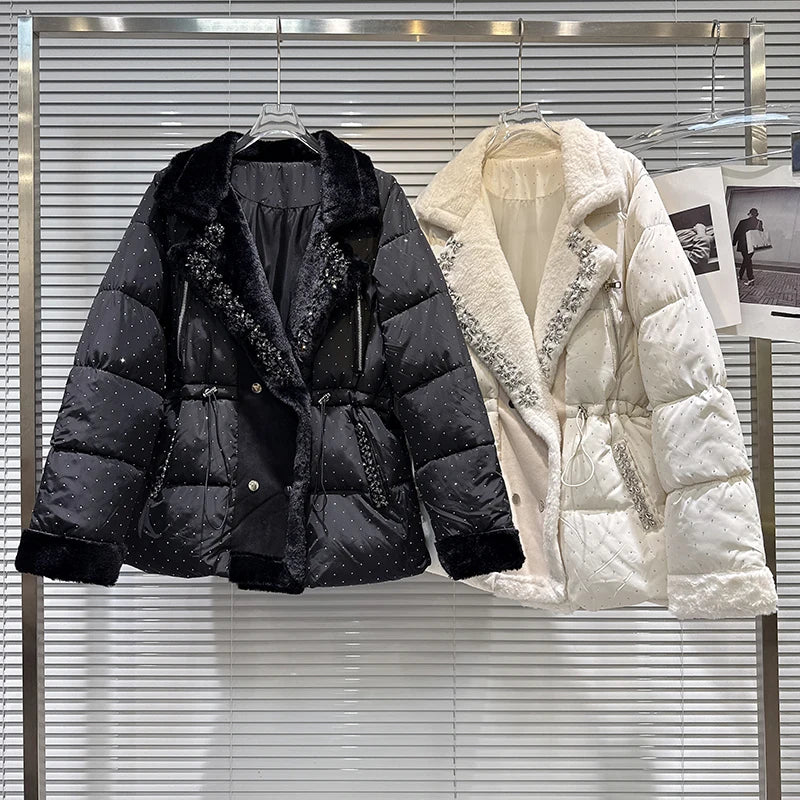 Winter New Fashion Elegant Rhinestone Fleece Drawstring Waist Warm Coat For Women Cotton-padded Jacket Female 11A07514