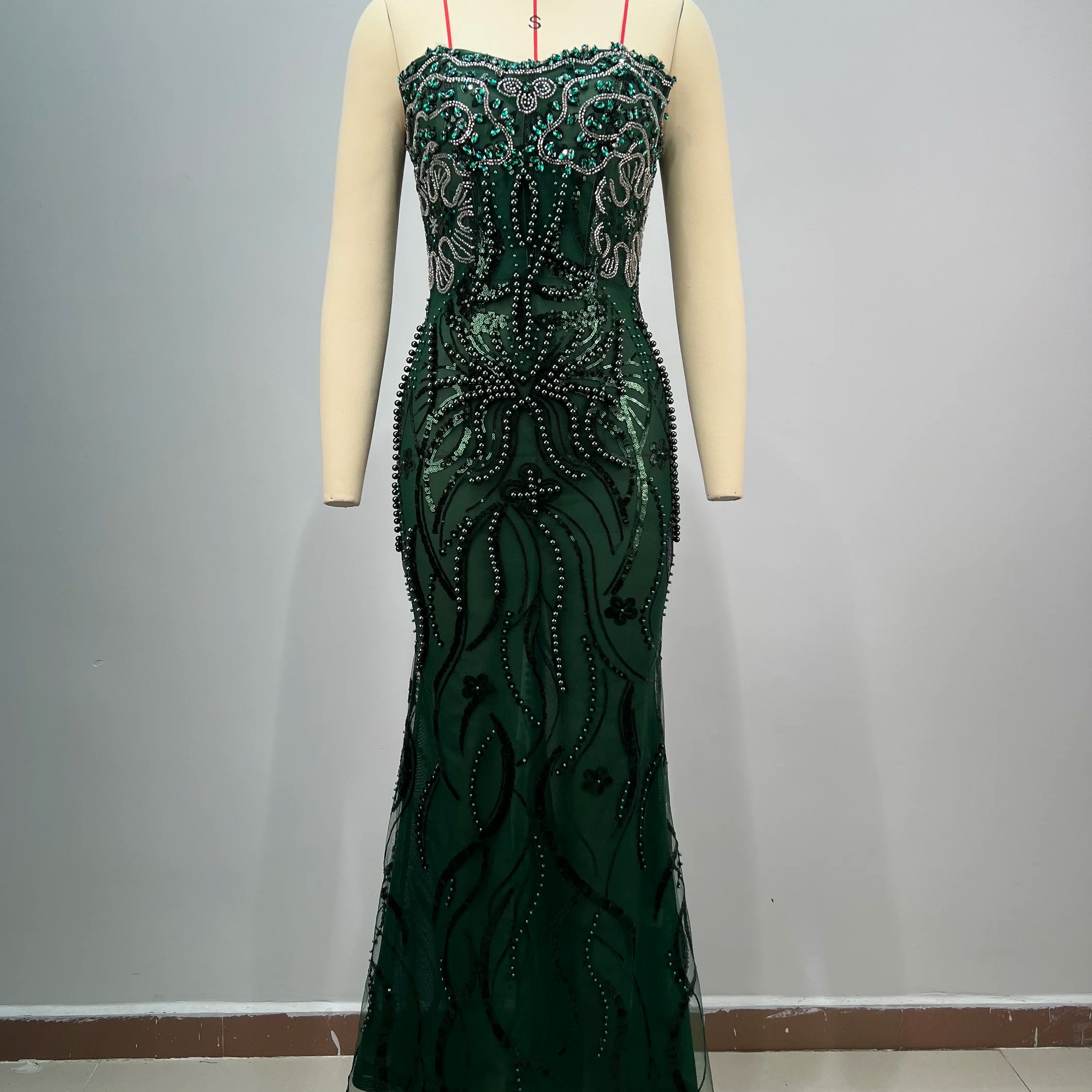 Dark Green Shining Sequin Neck Chain Strapless Ankle Length Dress Woman Cocktail Party Dress Celebrity Birthday Party Vestido