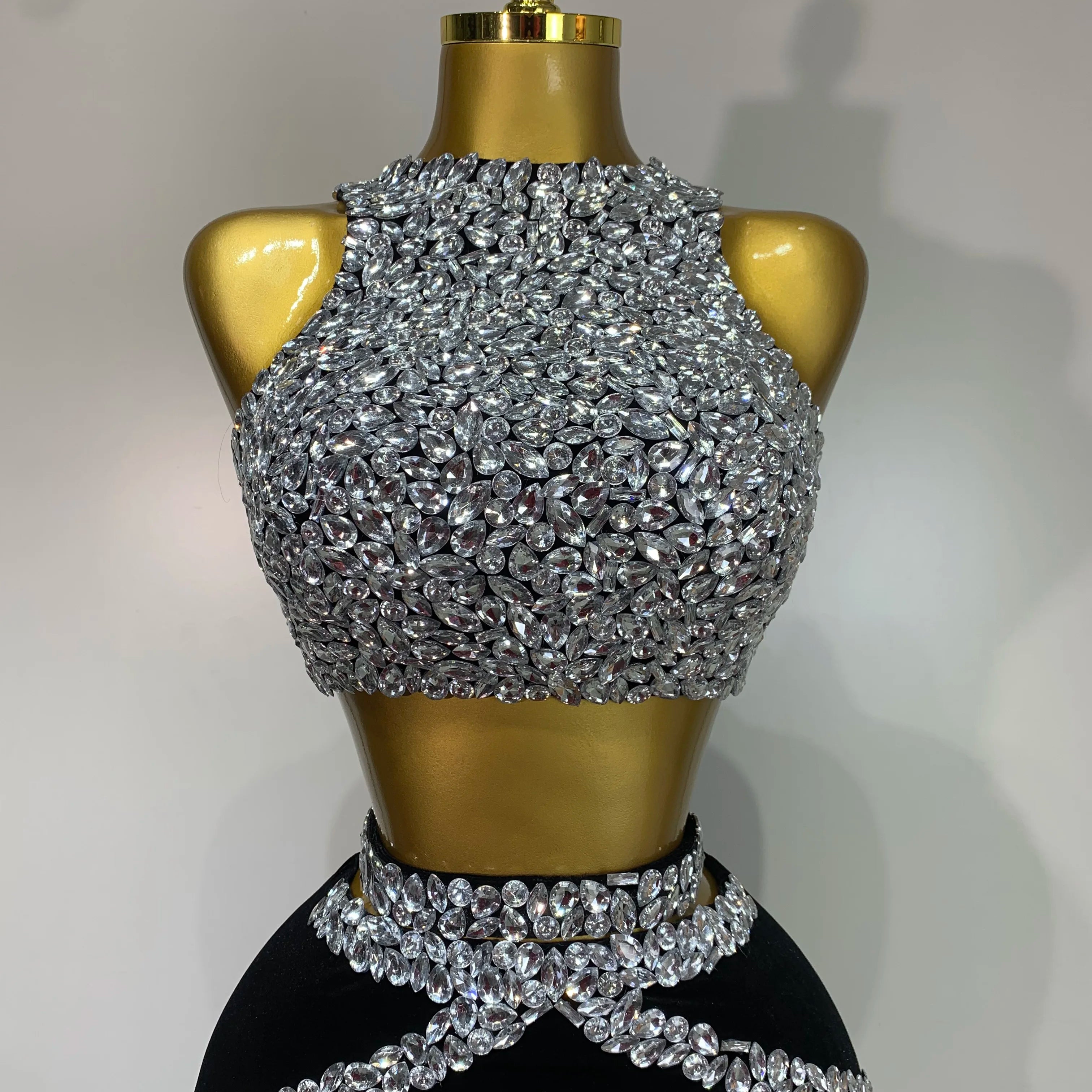 Sparkly Crystal Bodycon Long Dress 2025 Women Sexy Crop Top 2 Pieces Set Nightclub Elegant Party Performance Stage Costume