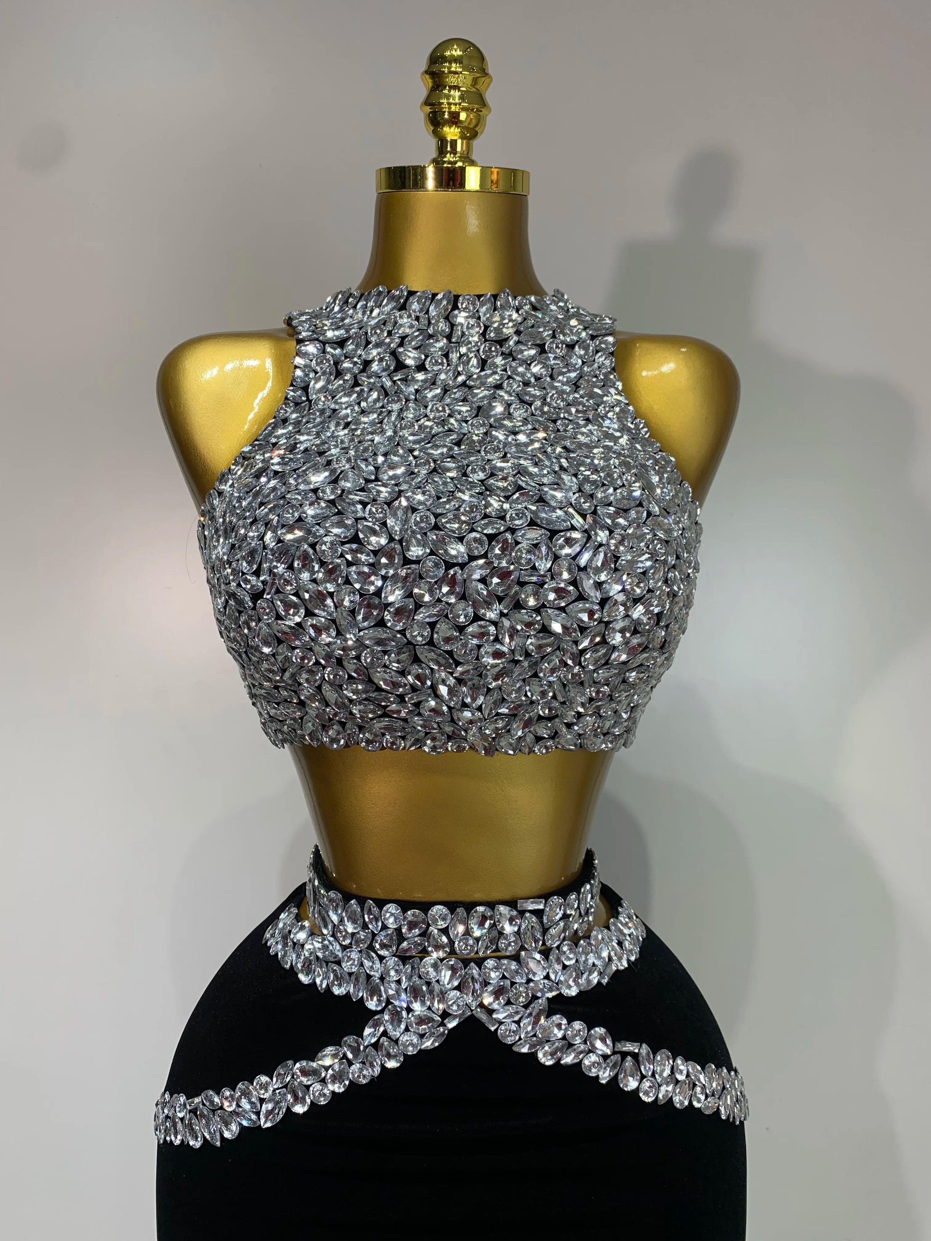 Sparkly Crystal Bodycon Long Dress 2025 Women Sexy Crop Top 2 Pieces Set Nightclub Elegant Party Performance Stage Costume