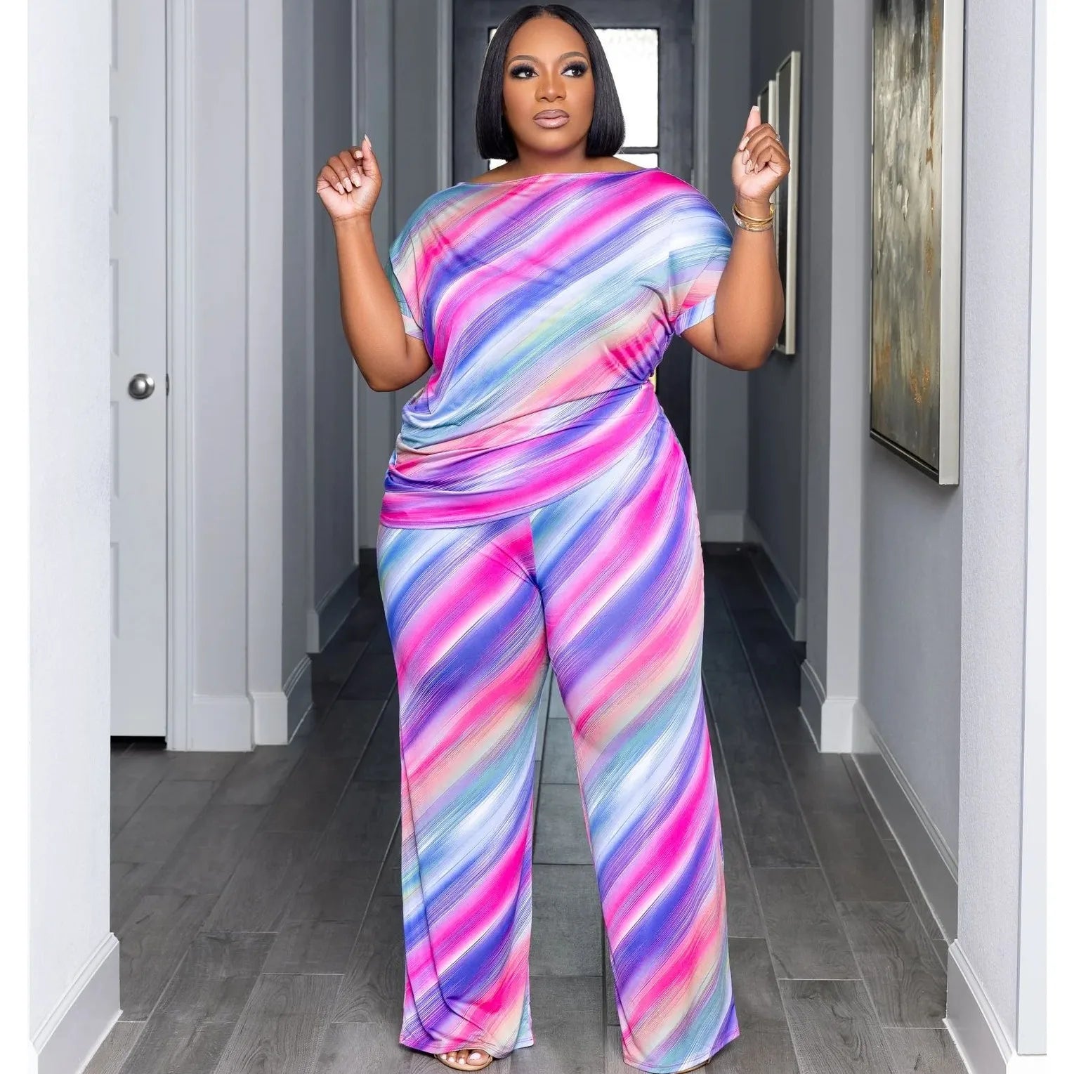 2 Piece Women Sets 2024 Plus Size Summer Matching Sets Print Two Pieces Sets Top Pants Suits Outfits Clothing Picture color 2