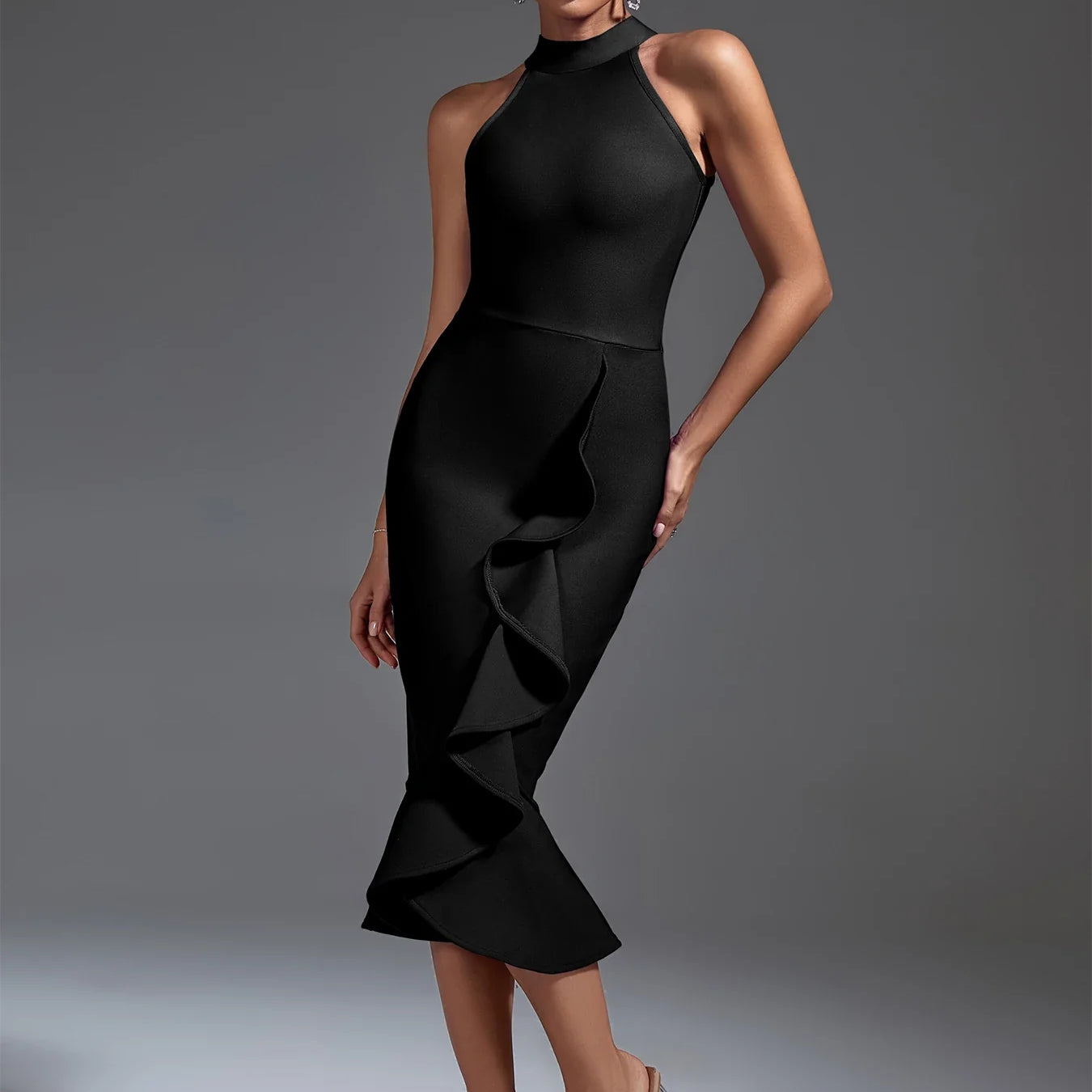 Black Bandage Dress Women Mdi Party Dress Bodycon Elegant Ruffle Mermaid Sexy Birthday Evening Club Outfits