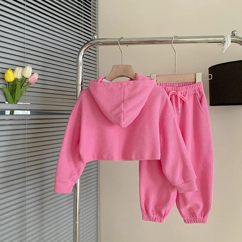 Spring Autumn Baby Girls Waffle Alphabet Crop Hoodie+Drawstring Sweatpant+Tee Tops Kids Tracksuit Child 3PCS Outfit Sets 1-9 Yrs