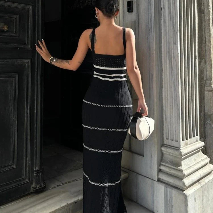 Knitted Long Dress Women Sexy Hollow Out Slim Suspenders Dresses New Summer Sleeveless Backless Beach Holiday Party Dress